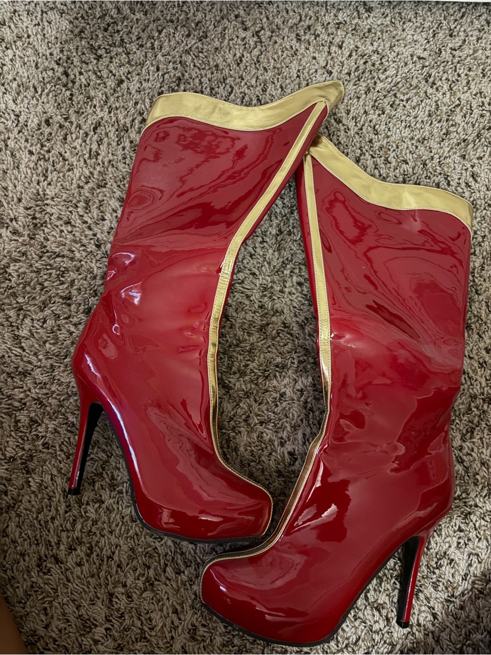 Red Patent High Heel Boots with Gold Trim - Women